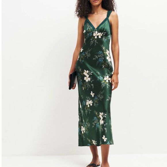 NEW Reformation Neola Silk Midi Dress - Portia Green Floral - Picture 5 of 10